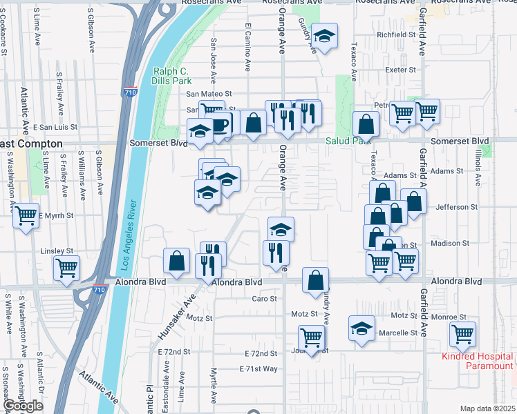 map of restaurants, bars, coffee shops, grocery stores, and more near 15361 Hunsaker Avenue in Paramount