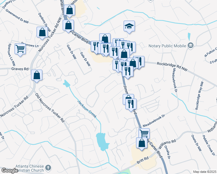 map of restaurants, bars, coffee shops, grocery stores, and more near 6595 Story Circle in Norcross