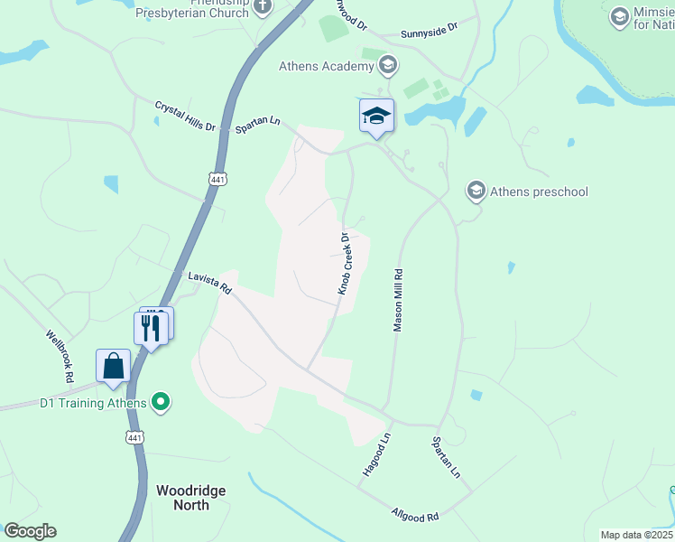 map of restaurants, bars, coffee shops, grocery stores, and more near 1200 Knob Creek Drive in Athens