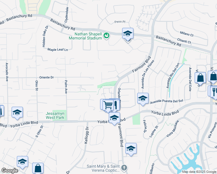 map of restaurants, bars, coffee shops, grocery stores, and more near 19659 Monteano Lane in Yorba Linda
