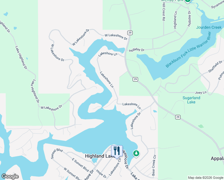 map of restaurants, bars, coffee shops, grocery stores, and more near 626 Lakeshore Lane in Highland Lake