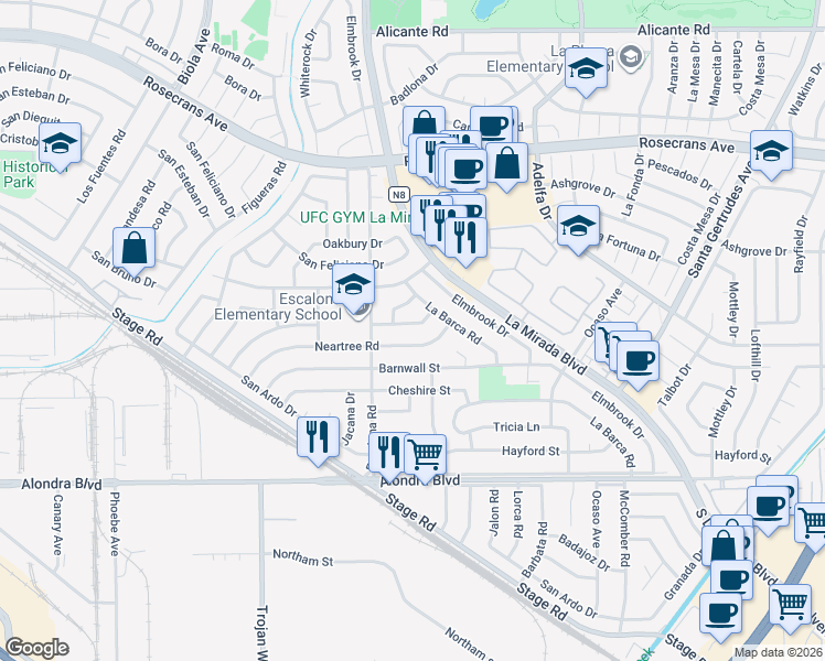 map of restaurants, bars, coffee shops, grocery stores, and more near 15062 Neartree Road in La Mirada