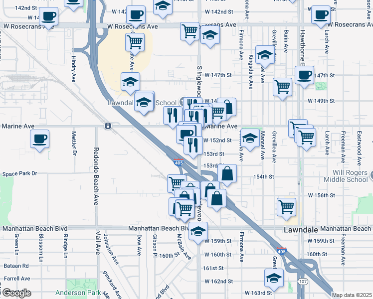 map of restaurants, bars, coffee shops, grocery stores, and more near 4001 South Inglewood Avenue in Redondo Beach