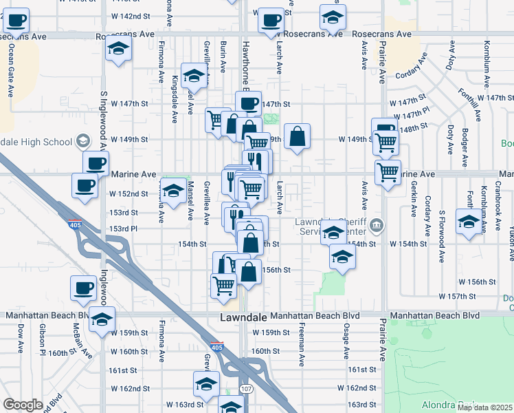 map of restaurants, bars, coffee shops, grocery stores, and more near in Lawndale