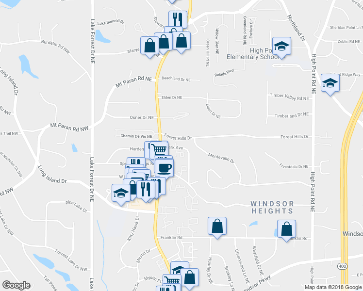 map of restaurants, bars, coffee shops, grocery stores, and more near 6109 Park Avenue in Atlanta
