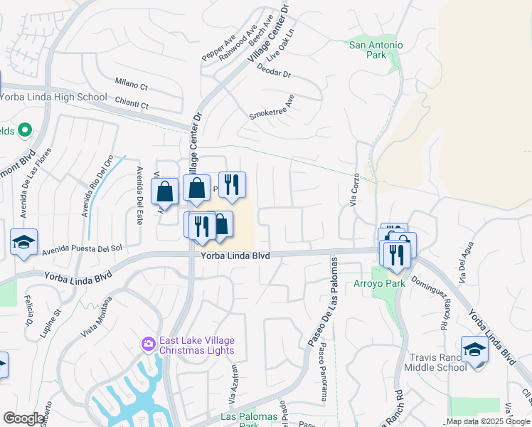 map of restaurants, bars, coffee shops, grocery stores, and more near 20610 Vista del Sol in Yorba Linda