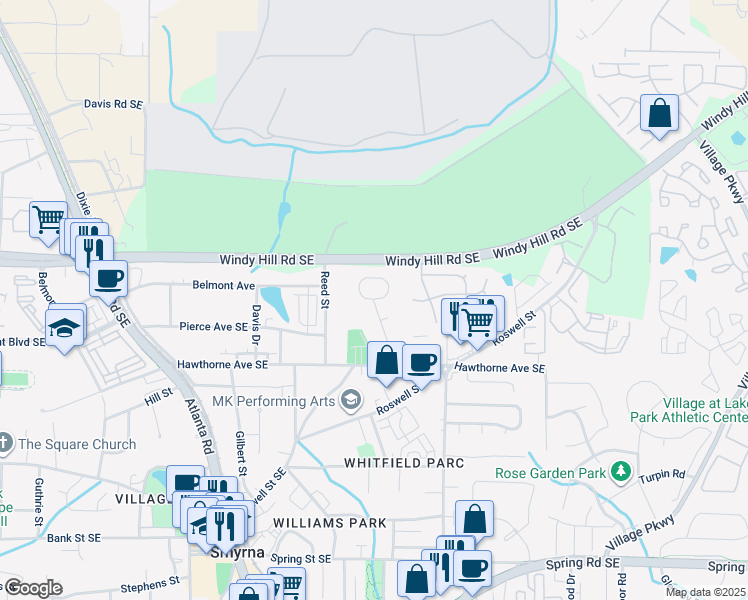 map of restaurants, bars, coffee shops, grocery stores, and more near 1595 Hawthorne Court in Smyrna