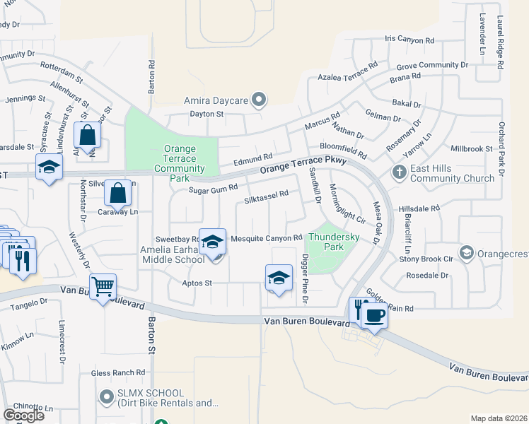map of restaurants, bars, coffee shops, grocery stores, and more near 8738 Senna Lane in Riverside