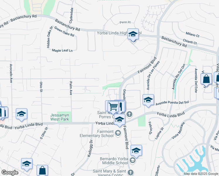 map of restaurants, bars, coffee shops, grocery stores, and more near 19635 Monteano Lane in Yorba Linda