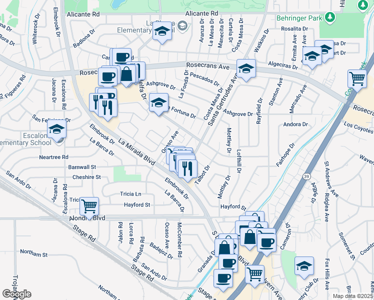 map of restaurants, bars, coffee shops, grocery stores, and more near 15607 Fada Drive in La Mirada