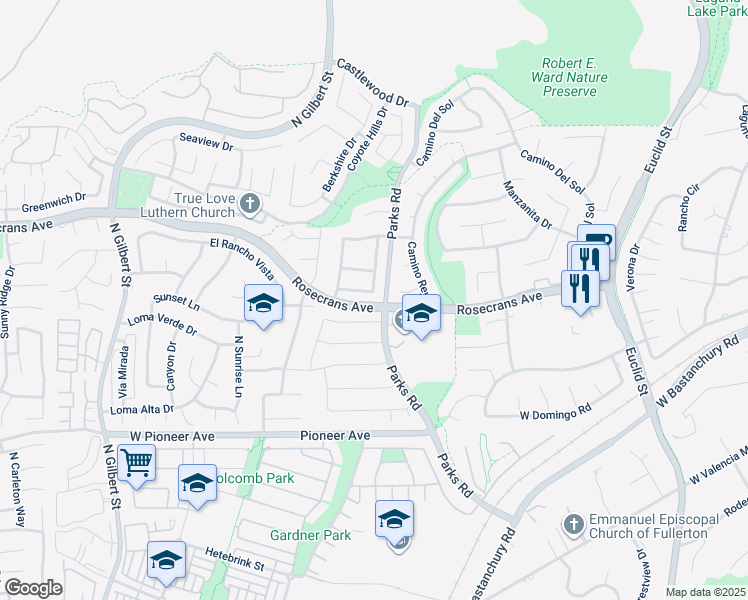map of restaurants, bars, coffee shops, grocery stores, and more near 1800 Yermo Place in Fullerton
