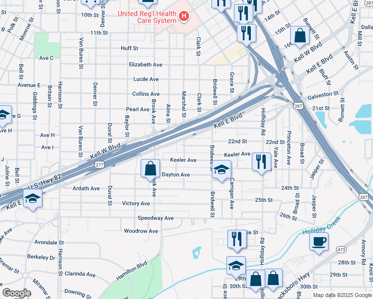 map of restaurants, bars, coffee shops, grocery stores, and more near 1646 Keeler Avenue in Wichita Falls