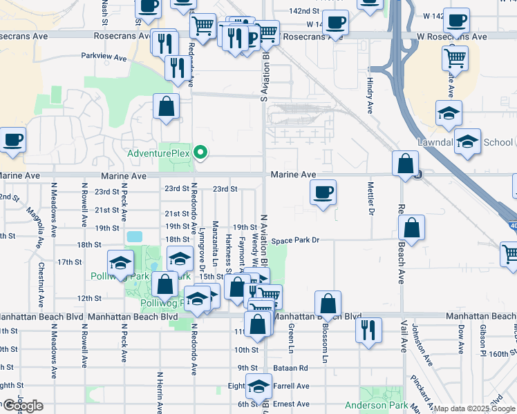 map of restaurants, bars, coffee shops, grocery stores, and more near 2100 Wendy Way in Manhattan Beach