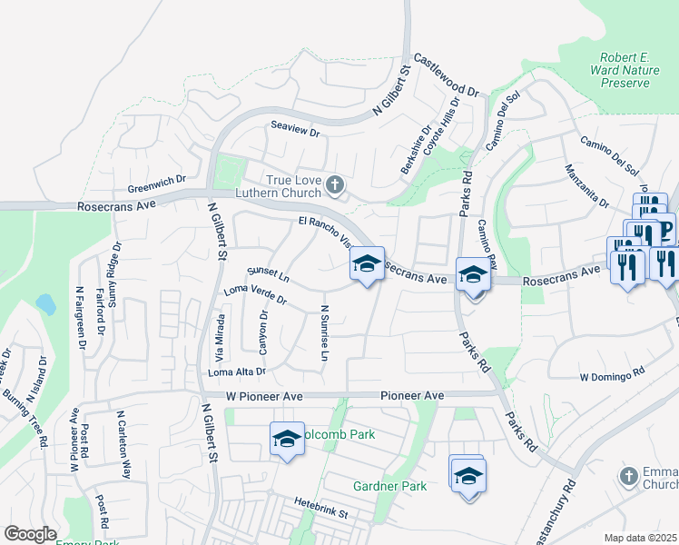 map of restaurants, bars, coffee shops, grocery stores, and more near 2132 Calavera Place in Fullerton