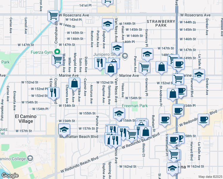 map of restaurants, bars, coffee shops, grocery stores, and more near 15246 Spinning Avenue in Gardena