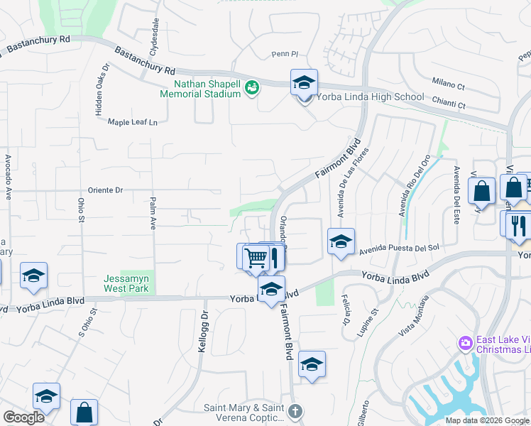 map of restaurants, bars, coffee shops, grocery stores, and more near 19687 Marino Plaza in Yorba Linda