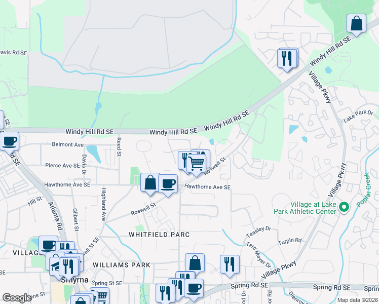 map of restaurants, bars, coffee shops, grocery stores, and more near 2928 Cottesford Way Southeast in Smyrna