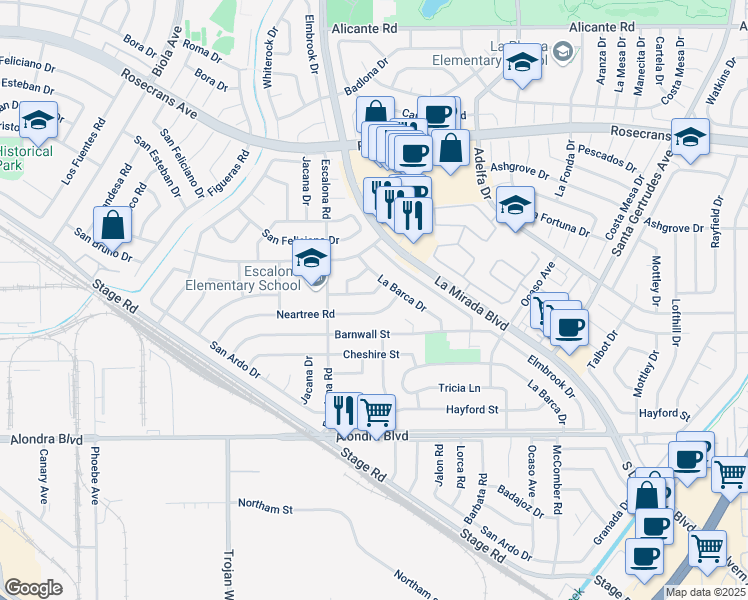 map of restaurants, bars, coffee shops, grocery stores, and more near 15062 Neartree Road in La Mirada
