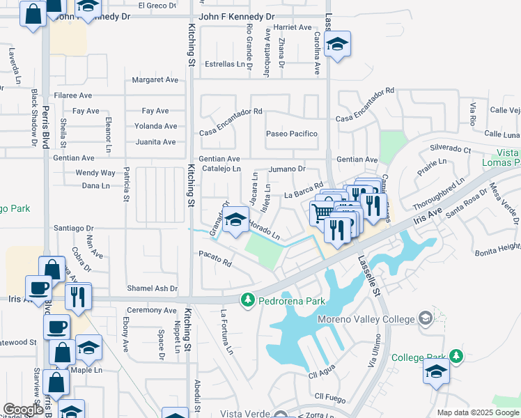 map of restaurants, bars, coffee shops, grocery stores, and more near 15645 Isleta Lane in Moreno Valley