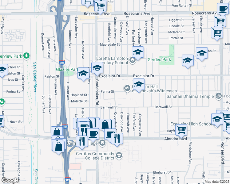 map of restaurants, bars, coffee shops, grocery stores, and more near 11712 Ferina Street in Norwalk