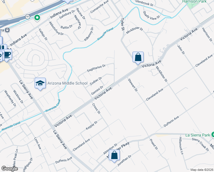 map of restaurants, bars, coffee shops, grocery stores, and more near 10620 Gemini Drive in Riverside
