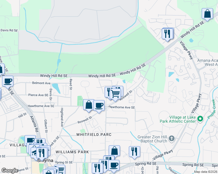 map of restaurants, bars, coffee shops, grocery stores, and more near 2924 Cottesford Way Southeast in Smyrna