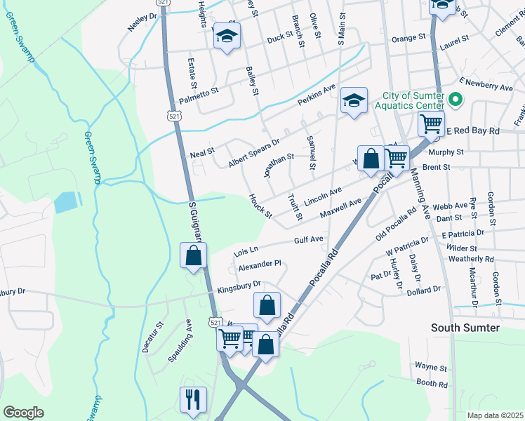 map of restaurants, bars, coffee shops, grocery stores, and more near 1016 Houck Street in Sumter
