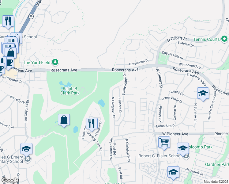 map of restaurants, bars, coffee shops, grocery stores, and more near 1830 North Fairgreen Drive in Fullerton