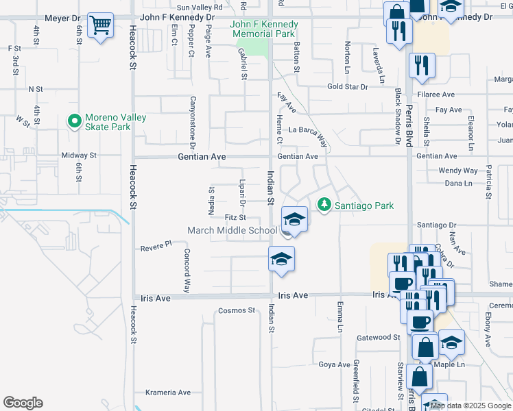 map of restaurants, bars, coffee shops, grocery stores, and more near 24457 Liolios Way in Moreno Valley