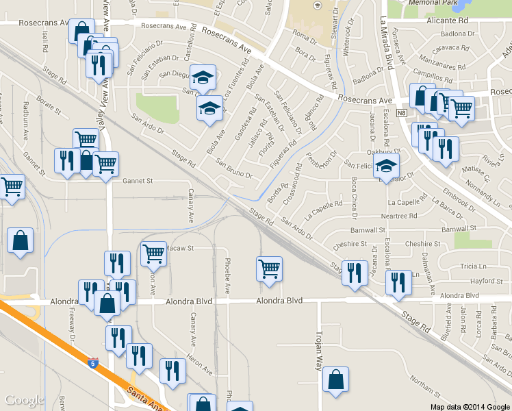 map of restaurants, bars, coffee shops, grocery stores, and more near 14629 Stage Road in La Mirada