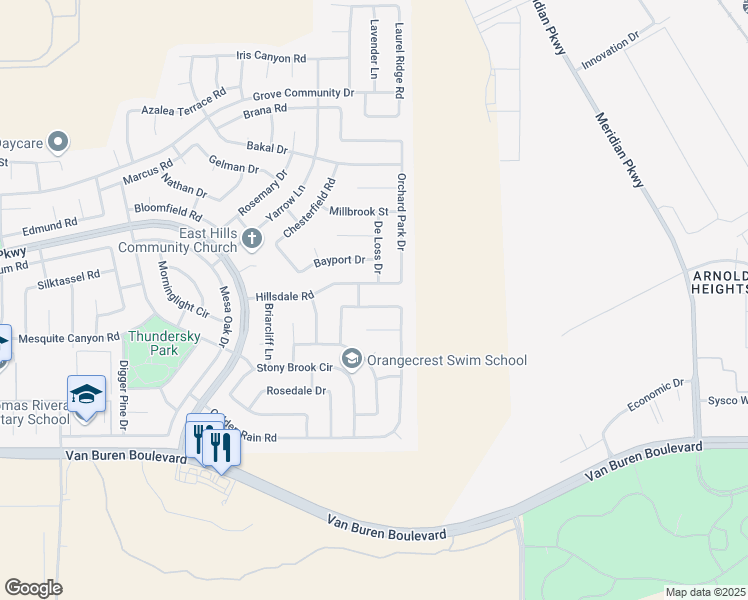 map of restaurants, bars, coffee shops, grocery stores, and more near 20850 Hartsdale Road in Riverside
