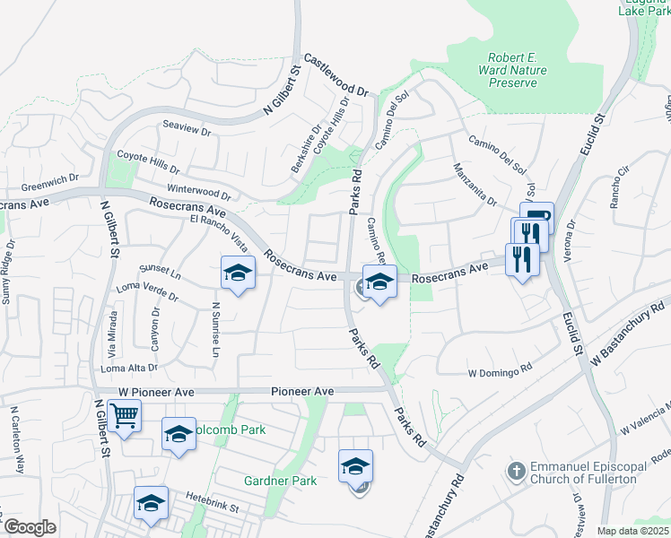 map of restaurants, bars, coffee shops, grocery stores, and more near 1800 Yermo Place in Fullerton