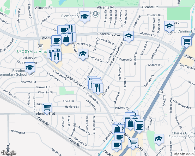 map of restaurants, bars, coffee shops, grocery stores, and more near 15237 Santa Gertrudes Avenue in La Mirada