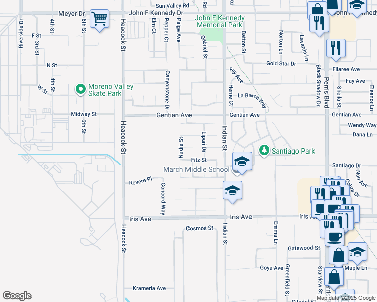 map of restaurants, bars, coffee shops, grocery stores, and more near 24323 Hilda Court in Moreno Valley