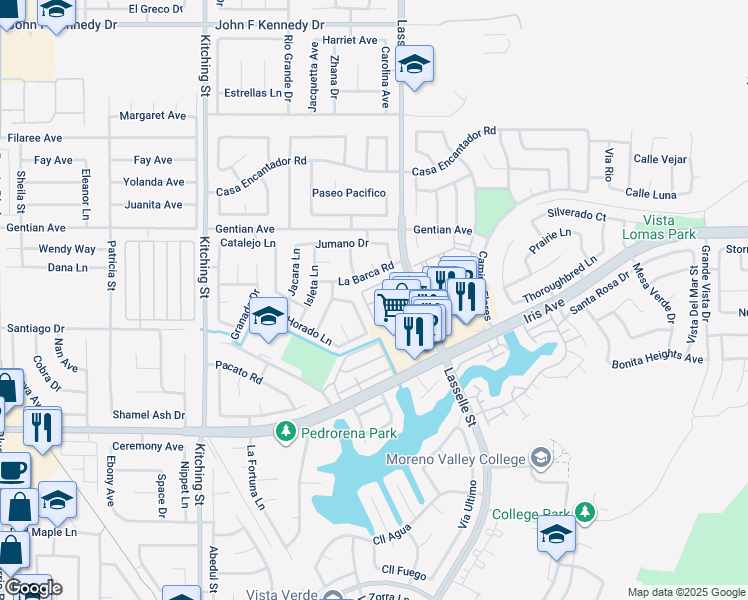 map of restaurants, bars, coffee shops, grocery stores, and more near 15657 Lasselle Street in Moreno Valley