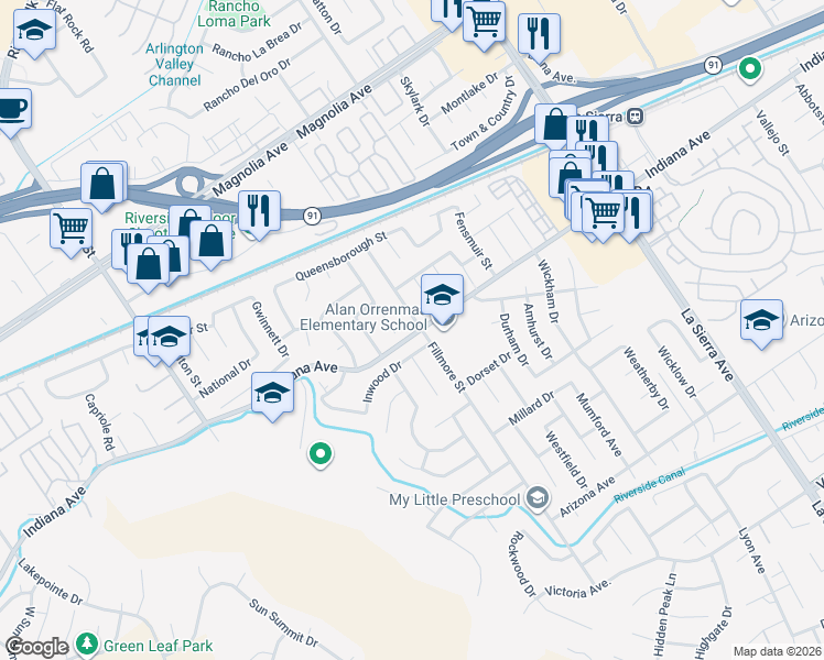 map of restaurants, bars, coffee shops, grocery stores, and more near 11505 Inwood Drive in Riverside