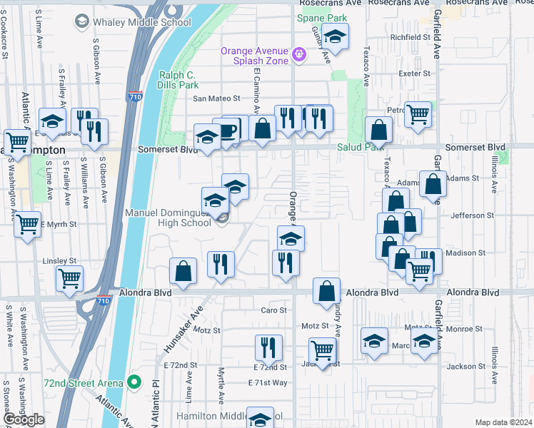 map of restaurants, bars, coffee shops, grocery stores, and more near 15530 Delcombre Avenue in Paramount