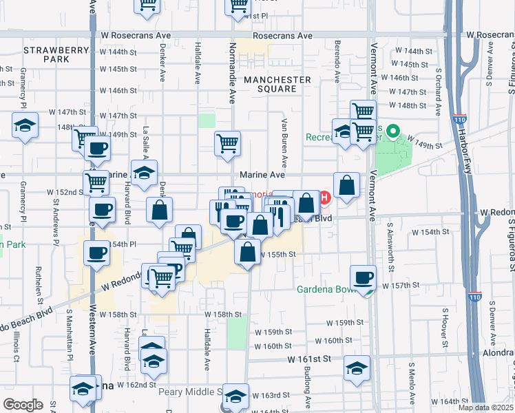 map of restaurants, bars, coffee shops, grocery stores, and more near 15303 South Raymond Avenue in Gardena
