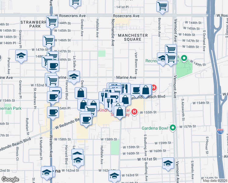 map of restaurants, bars, coffee shops, grocery stores, and more near 15309 Normandie Avenue in Gardena