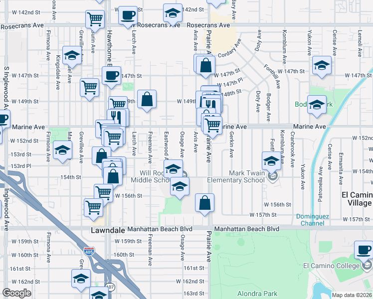 map of restaurants, bars, coffee shops, grocery stores, and more near 15236 Osage Avenue in Lawndale