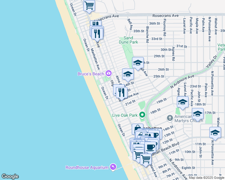 map of restaurants, bars, coffee shops, grocery stores, and more near 216 23rd Place in Manhattan Beach