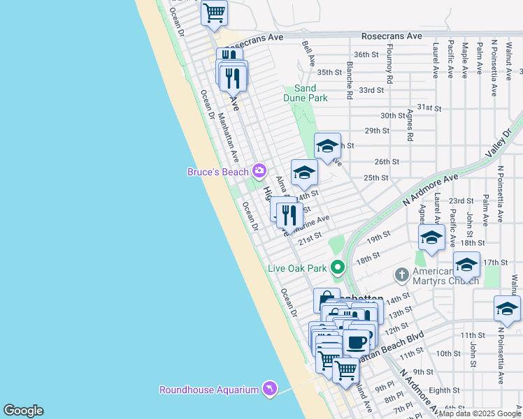 map of restaurants, bars, coffee shops, grocery stores, and more near 216 23rd Place in Manhattan Beach