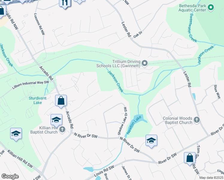 map of restaurants, bars, coffee shops, grocery stores, and more near 3983 Rivermeade Drive Southwest in Lilburn