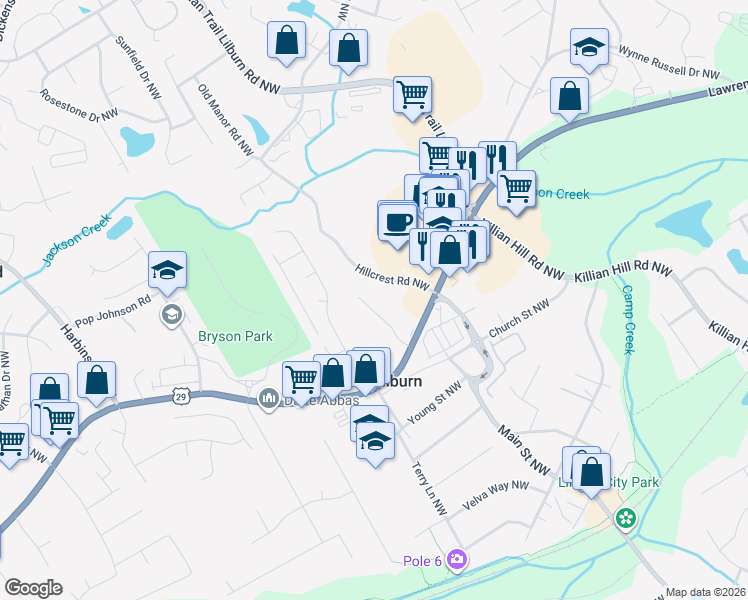 map of restaurants, bars, coffee shops, grocery stores, and more near 373 White Oak Drive Northwest in Lilburn