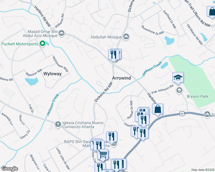 map of restaurants, bars, coffee shops, grocery stores, and more near 5450 Arrowind Road Northwest in Lilburn