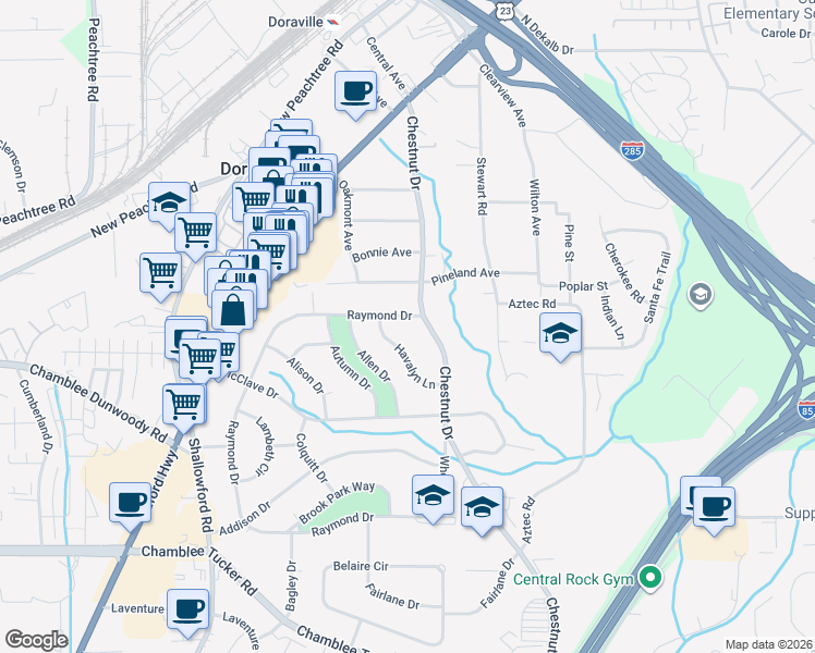 map of restaurants, bars, coffee shops, grocery stores, and more near 3631 Raymond Drive in Doraville