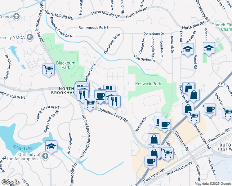 map of restaurants, bars, coffee shops, grocery stores, and more near 3633 Brookleigh Lane Northeast in Brookhaven