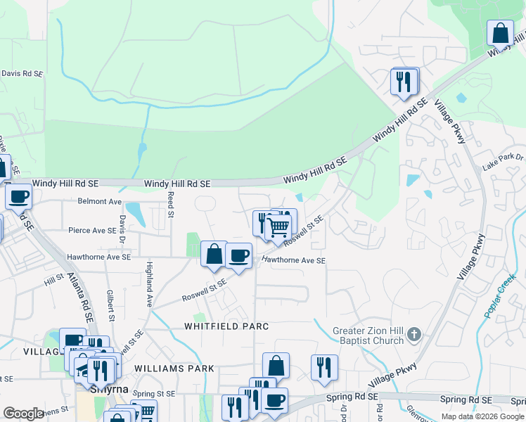 map of restaurants, bars, coffee shops, grocery stores, and more near 2723 Cottesford Drive Southeast in Smyrna