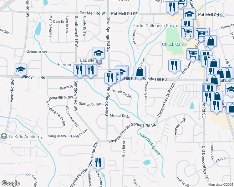 map of restaurants, bars, coffee shops, grocery stores, and more near 35 Dewey Lane in Marietta