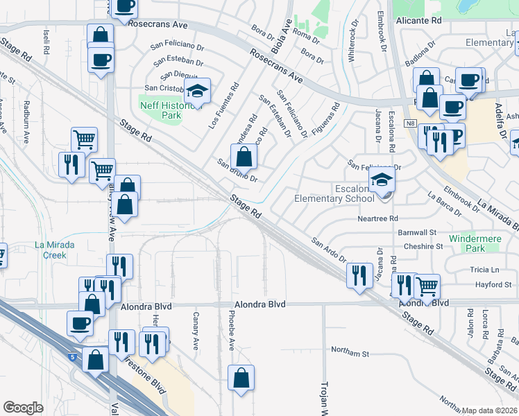 map of restaurants, bars, coffee shops, grocery stores, and more near 14629 Stage Road in La Mirada